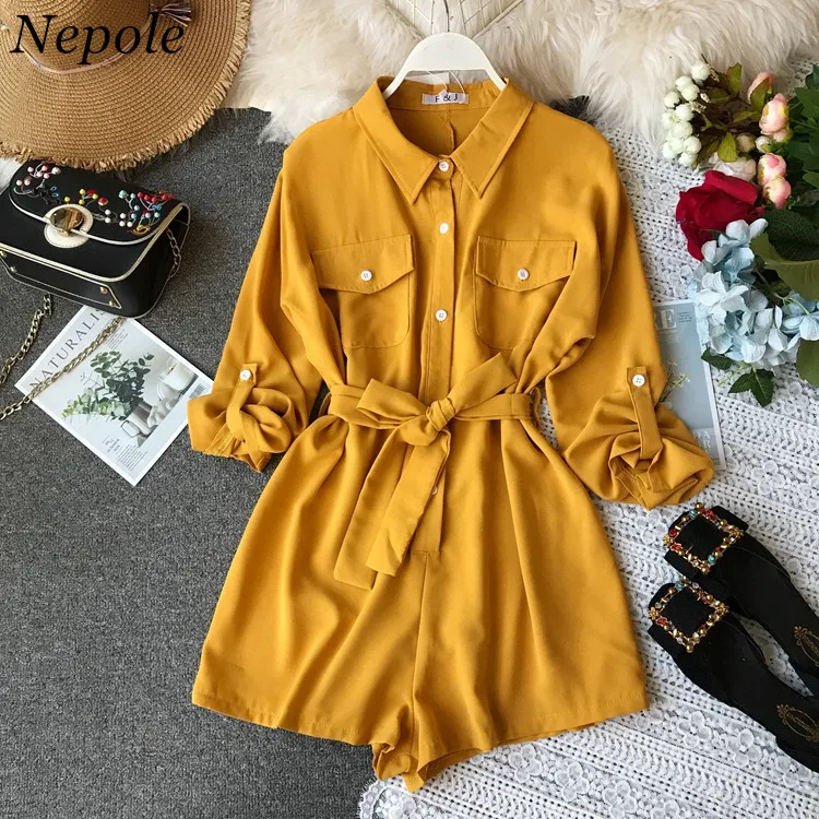 

Nepole Solid Sashes Safari Style Women Bodysuit 2019 Symmer New Fashion Pockets Jumpsuit Single Breasted Modis Girl Cloth 80001