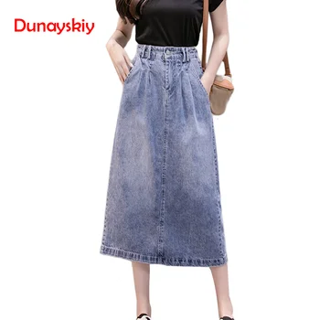 

Summer 2020 Women Long Denim Skirt Femme Casual Loose High Waisted Jeans Denim Skirts For Women Vintage Blue Pockets Split