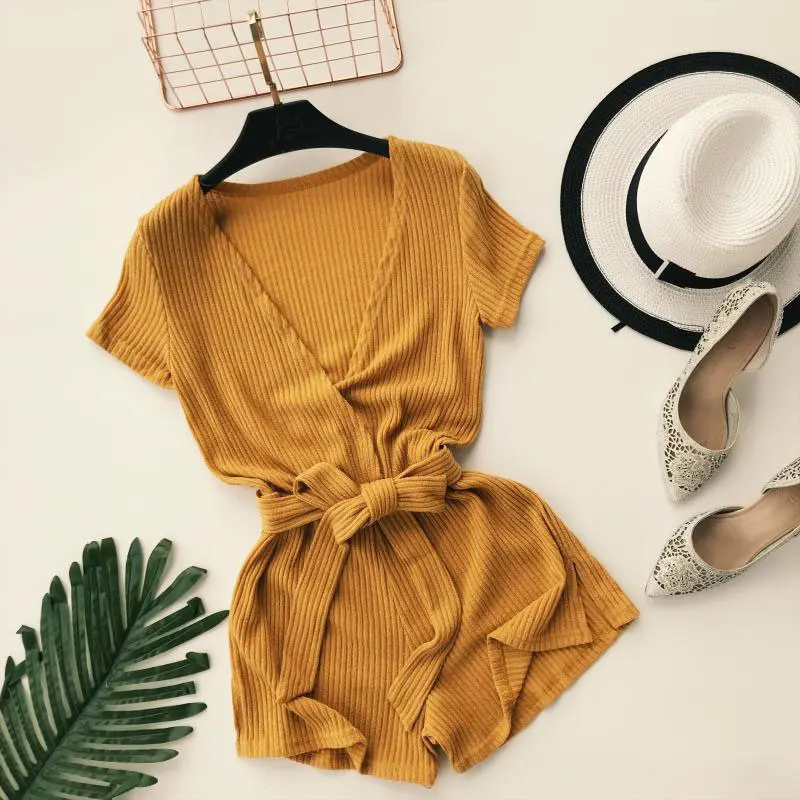 

2019 Solid Deep V Neck Jumpsuit Bandage Casual Elastic Short Overalls Sexy Women Playsuit Summer Tie High Waist Basic Romper