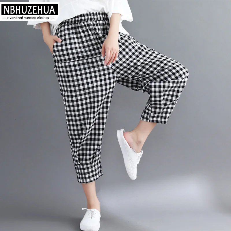 

NBHUZEHUA Womens Cotton Linen Pants Plus Size Vintage Plaid Women Summer Pants 2019 Casual Harem Trousers Female 5XL 19-D320