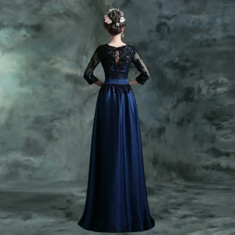 Длинное вечернее платье Новинка Лидер продаж синий с черным Кружево Вышивка 3/4 рукавами банкет мать невесты Платья для женщин; Robe De вечер
