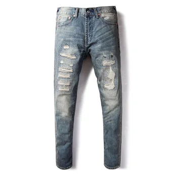 

DSEL Brand Retro Fashion Mens Jeans Slim Fit Frayed Hole Patchwork Ripped Jeans for Men Nostalgia Color Casual Pants Clothes