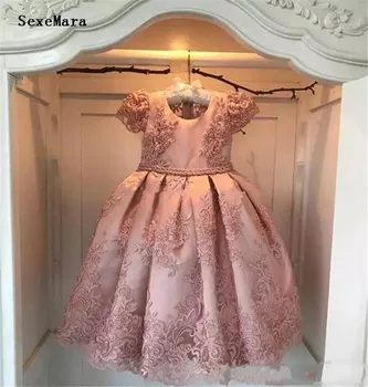 

Pink Real Picture Flower Girl Dresses Cap Sleeve Lace Pearls Girls dress