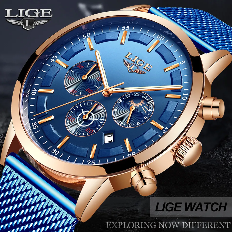 Relogio Masculino LIGE Роскошные Кварцевые часы для мужчин синий циферблат часы спортивные часы фаза Луны хронограф сетка ремень наручные часы