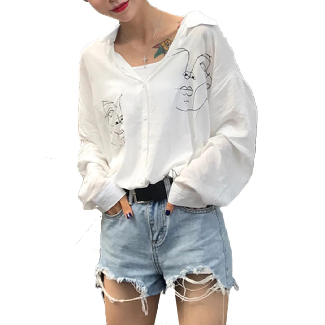 

Harajuku Shirts Women Blouses Funny Face Printed Autumn Long Sleeve Tops Ladies Office Tee Shirt With Pockets Blusas Streetwear