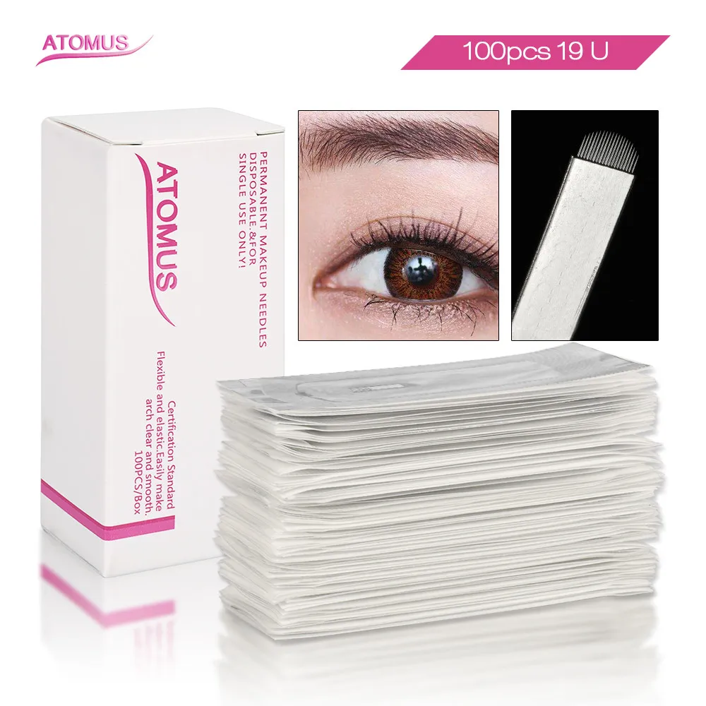 

100Pcs/Box Microblading 19U Naald Permanent Makeup Needle Double Arc Blade Pin Agujas Igneleri Aghi Blading Eyebrow Embroidery