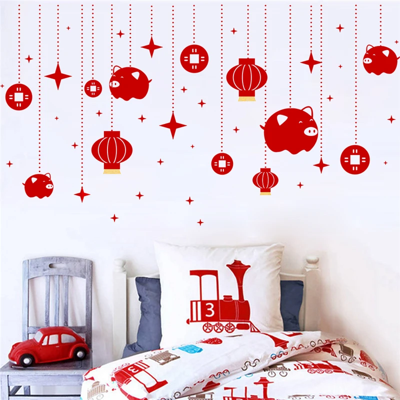 Новогодние наклейки на стену в виде свиньи с надписью happy chinese | Дом и сад