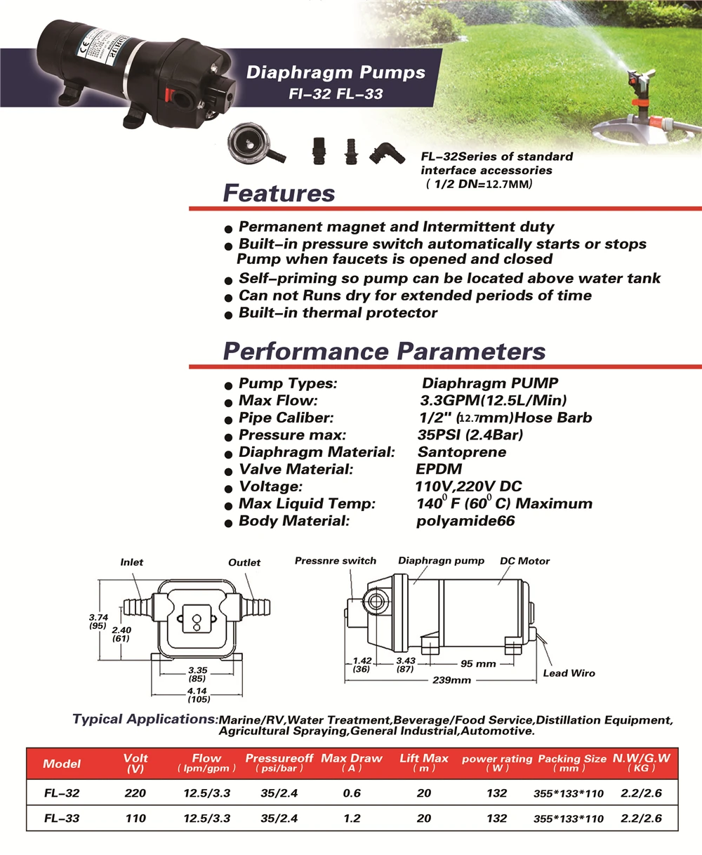 Lift 20m 35PSI 110V/220V AC Plug Household Large Flow Automatic Pressure Switch Mini Electric Diaphragm Water Pump FL-32 FL-33