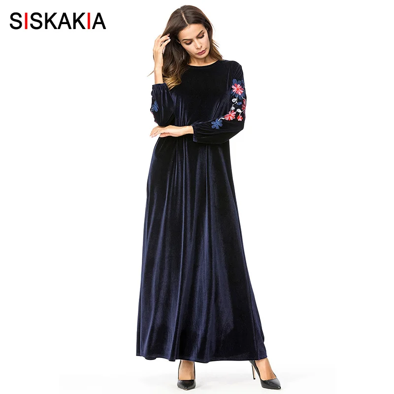 

Siskakia Women Long Dress Velvet Floral Embroidery Maxi Dresses Brief Elegant Ramadan Eid Adha Clothing Muslimah Arabic Robes