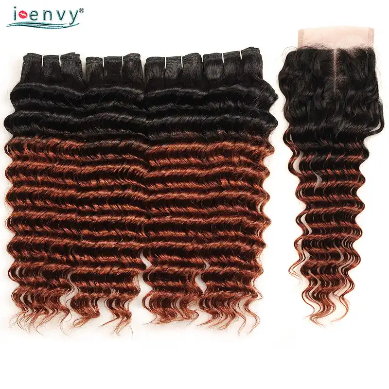 I Envy Brown Ombre Bundles With Closure Peruvian Deep Wave 4