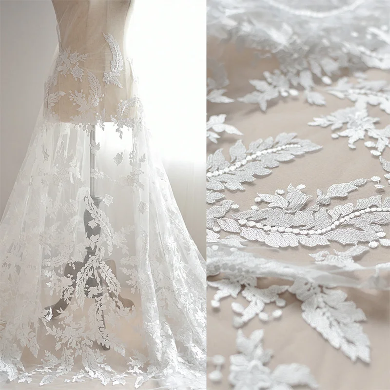 

High-end Wedding Dress Lace Fabric Mesh Flower Embroidered Lace Fabric DIY Material Soft Width 120cm 1meter