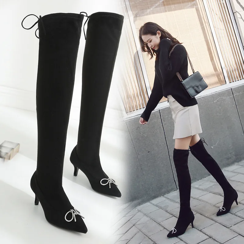 

Pointed Toe High Solid Women Over-the-Knee Boots Thin Heels Elastic Band Flock Rubber Autumn Winter Boots Casual Shoes
