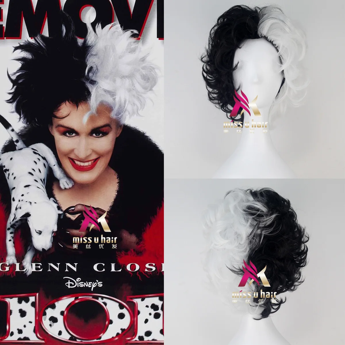 Женский парик Cruella de Vil на Хэллоуин черные белые короткие волнистые волосы