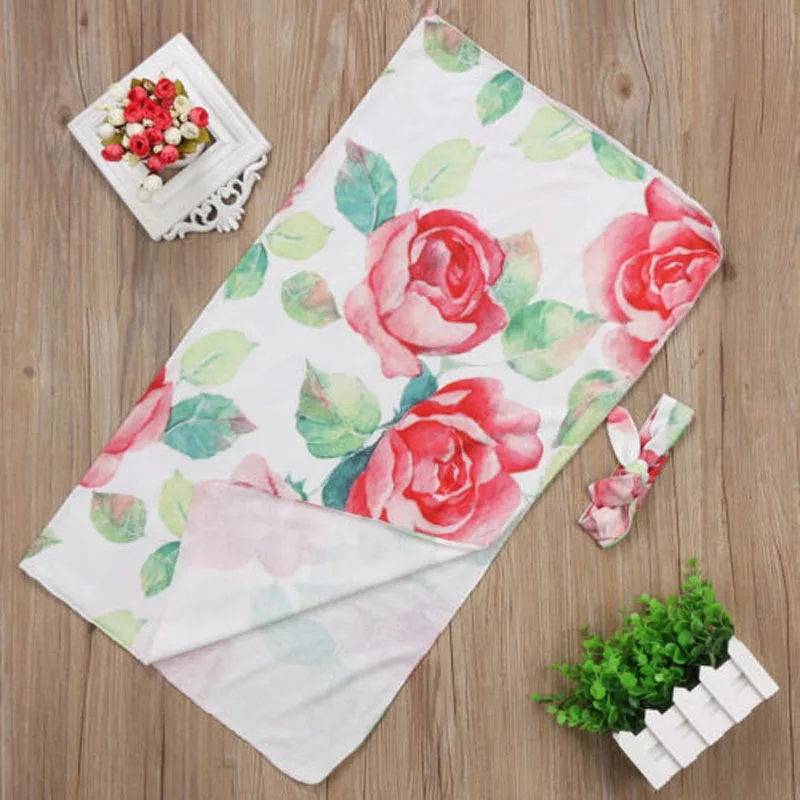 Focusnorm Newborn Infant Baby Girls Swaddle Blanket Cotton Floral Soft Sleeping Swaddle Wrap+ Headband 2Pcs Set