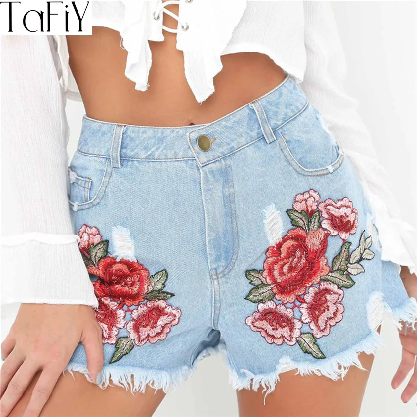 TaFiY 2017 3D Flower Embroidery Denim Shorts Fashion High Waist Ripped