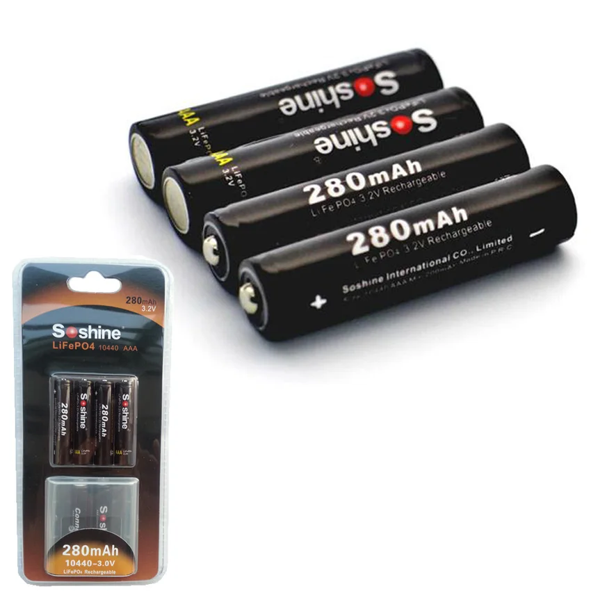 4 pieces/lot Soshine 10440 battery 3.2V 280mAh LiFePO4 cell Rechargeable AAA Battery with 2X Battery Connectors + Battery Box