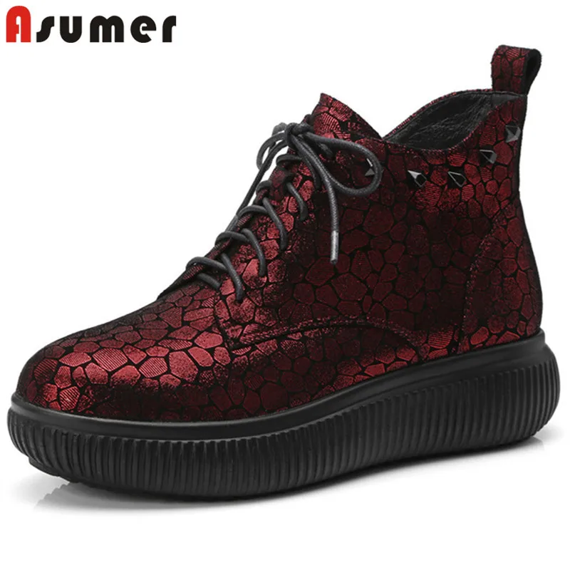 

ASUMER 2018 new autumn shoes woman round toe zip lace up ankle boots flat with genuine leather boots big size 34-42