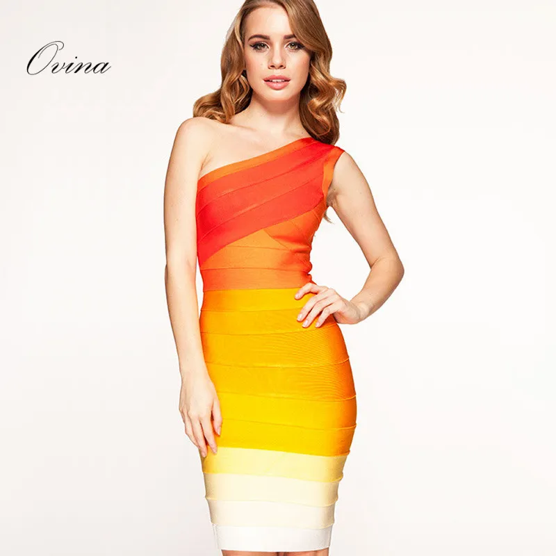 

High Quality Celebrity One Shoulder Sleeveless Gradient Bandage Dress Night Party Dress