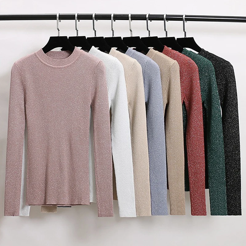 BGTEEVER Shiny Lurex Autumn Winter Sweater Women Full Sleeve Pullover Basic Sweaters Korean Style Knit Tops Femme | Женская одежда