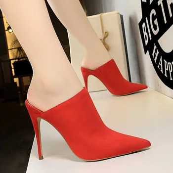 

Euro-American fashion simple super high heel sexy slippers with thin suede, pointed, deep slippers and half slippers
