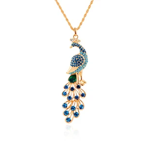 PINKSEE Elegant Luxury Crystal Peacock Pendant Necklaces Gold Color Long Chain Sweater Necklace for Women Jewelry