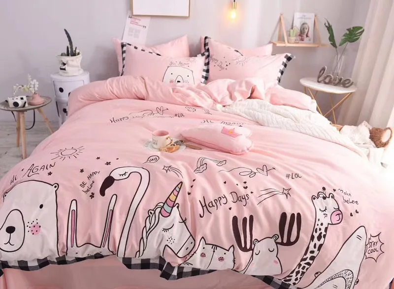 Розовый мультфильм зоопарк Единорог 60S Египетский хлопок король королева полный размер Детский Комплект постельного белья пододеяльник постельное белье простыня наволочки