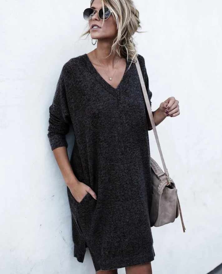 

v-neck knit woman dresses spring autumn long sleeve solid black khaki pockets knit female dresses