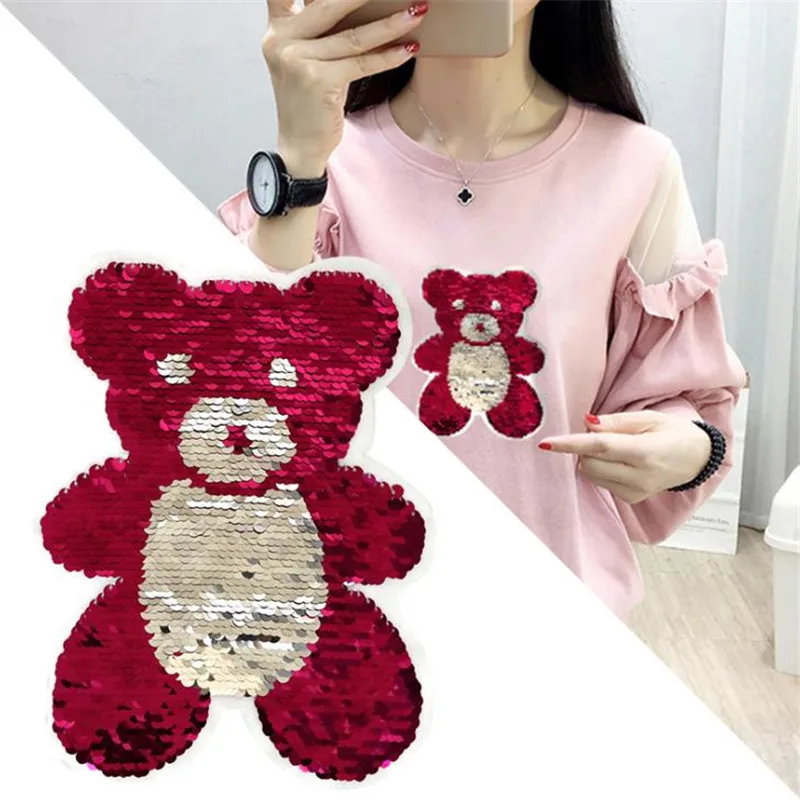 

T-shirt Girl Patch 21cm bear flip double sided Patches for clothing Reversible change color sequins T shirt Stickers