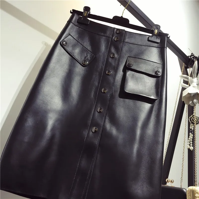 Top Quality Genuine Leather Womens Knee Length Skirts High Waist Single Breasted Pockets Office Ladies Sheepskin A-Line Skirts