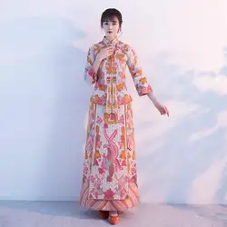 Китайские традиционные свадебное платье Cheongsam дракон феникс Костюмы Qipao Вышивка красной атласной топы для женские, золотистого цвета парчи