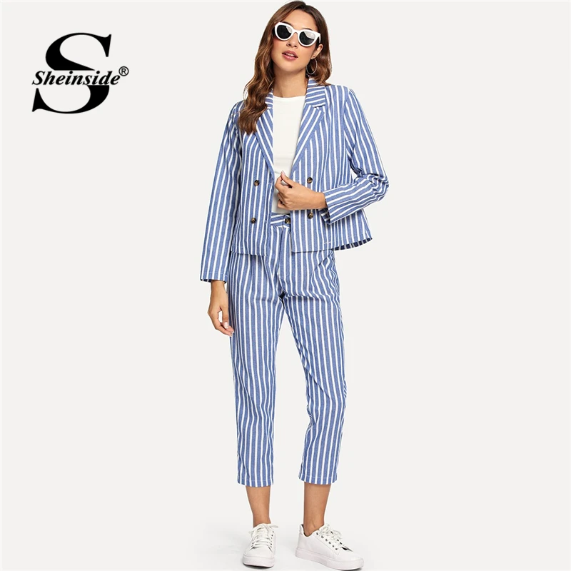 Sheinside مزدوجة زر حقق طوق سترة مع فستان أطفال مع سروال داخلي النساء 2019 الربيع أنيقة مخطط طباعة السترة عمال 2 قطعة مجموعة