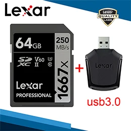 Lexar 1667x памяти карты SDXC и SD UHS-II устройство для чтения карт USB 3,0 256 ГБ 128 Гб 64 ГБ для 1080p HD 3D 4K видео Камера вождения Регистраторы - Емкость: 64G Card and Reader