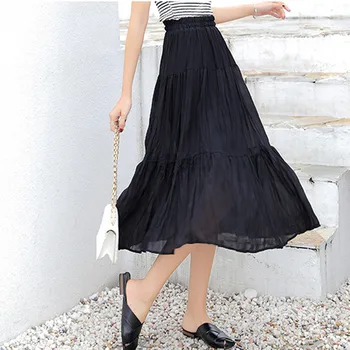 

JAYCOSIN Women's skirt 2019 Fashion Women's solid color chiffon was thin pleated retro long skirt elastic waist skirt 5.7