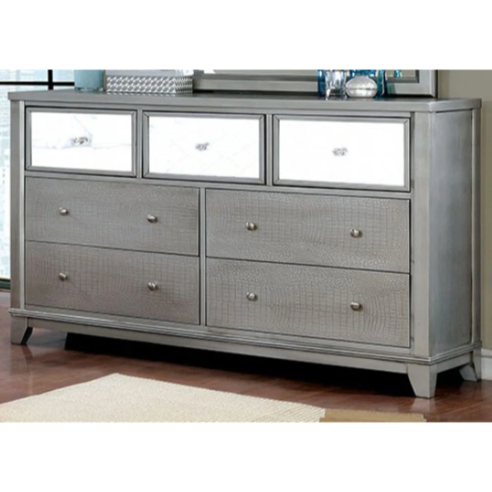 Dazzling Wooden Textured Dresser In Contemporary Style, Silver(CM7289SV-D)
