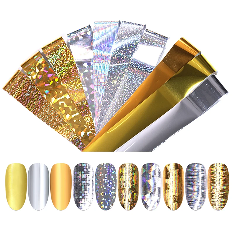 

10 Pcs/Box Holographic Nail Foil Paper Starry Sky Rose Gold Colorful Nail Transfer Stickers Manicure Decal Tool