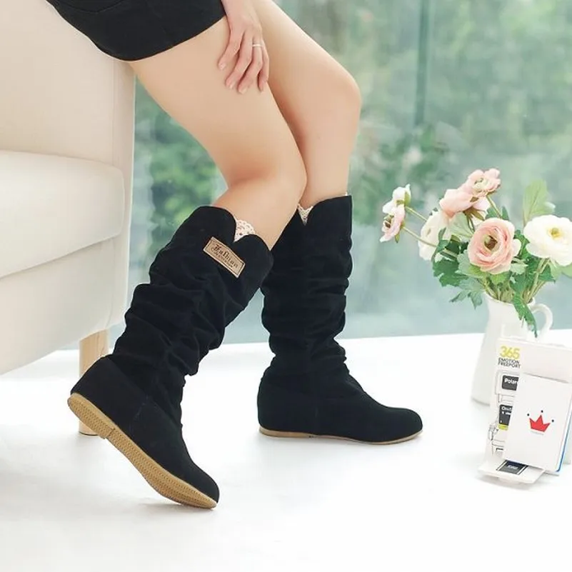 

2016 Big Size Autumn hidden wedge Flock boots Fashion Flat Mid-calf women boots casual shoes sweet lace winter boots#CXL78