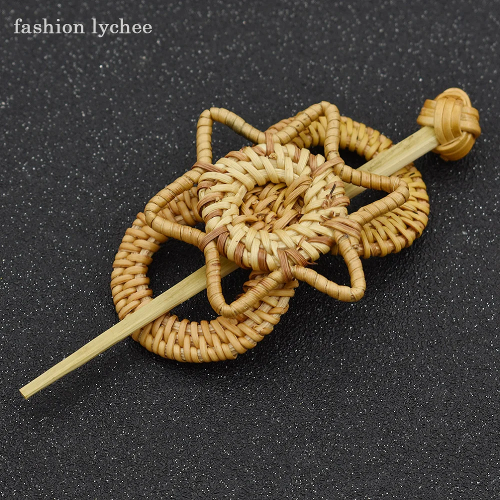 

fashion lychee Summer 2018 Natural Bamboo Rattan Pentagram Round Circle Hair Pin Stick Women Retro Hair Jewelry