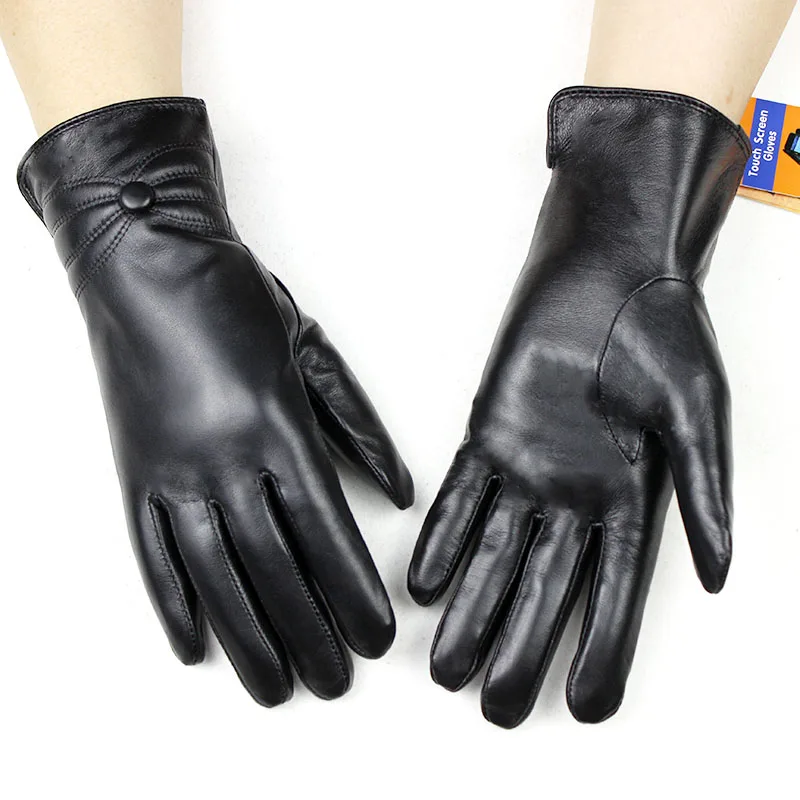 Online Guantes de cuero de piel de oveja de invierno grueso cálido forro de piel de conejo blanco 2018 nuevos guantes de pantalla táctil para mujer
