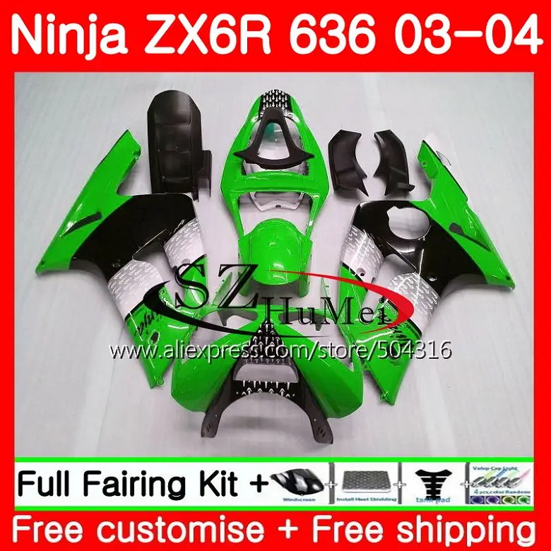 

Body For KAWASAKI NINJA ZX-6R 03-04 ZX-636 ZX600 ZX636 green black 10SH14 ZX 636 600CC ZX6R 03 04 ZX 6R 2003 2004 Fairings kit