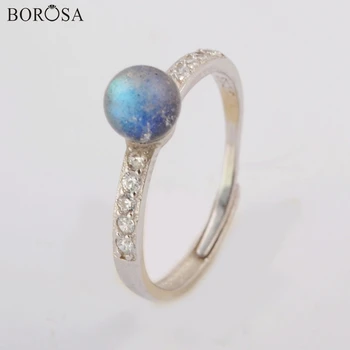 

BOROSA 3/5PCS 92.5% Pure Silver Color 6mm Round Natural Labradorite Ring Jewelry CZ Micro Paved Rings for Women WX1164