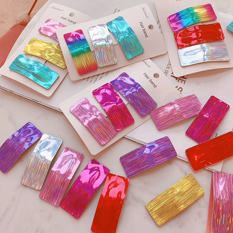 

HZ 2019 New Korean Women Shiny Rainbow Colorful Laser Glossy Geometric Rectangular Hair Clip Hair Accessories Hairpin Hairgrip