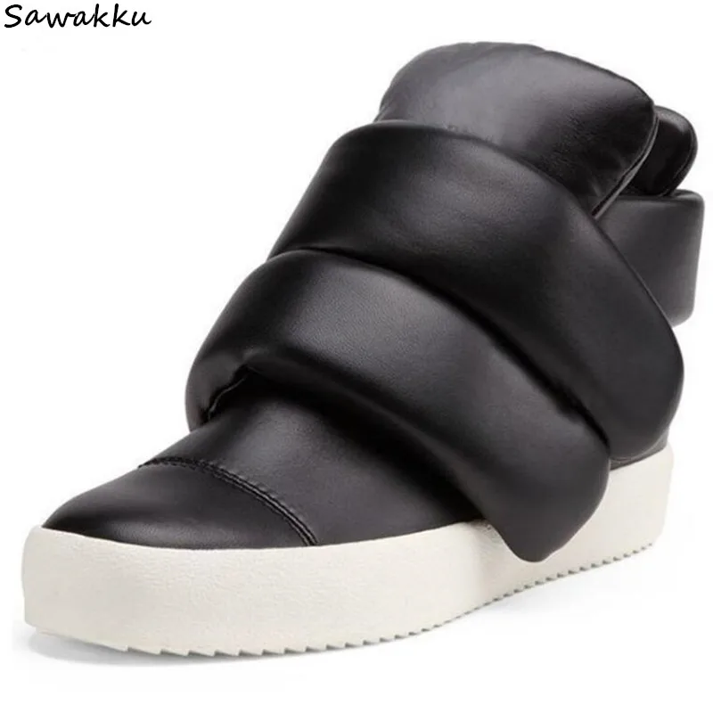 

New Luxury Leather Unisex Wedge Loafers Height Increasing Hook Loop Platform Shoes Crystal High Top Thick Sole Men Casual Shoes