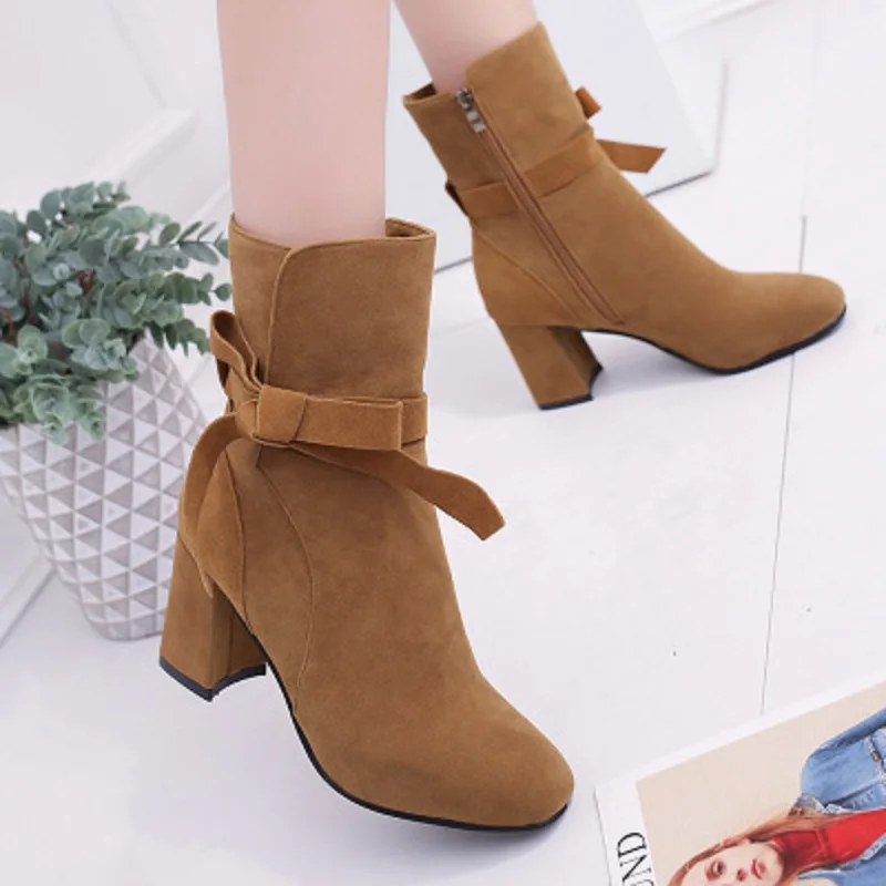 

MoBeiNi 2018 autumn and winter new short boots women's shoes suede high heel boots bow side zipper with Martin boots Mid-Calf
