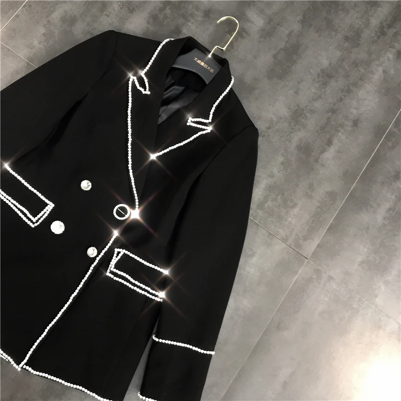 Cakucool женские шикарная куртка с пайетками бриллианты черные официальные пиджаки Turn-Down Воротник Карманы блейзер с вырезом Женское пальто