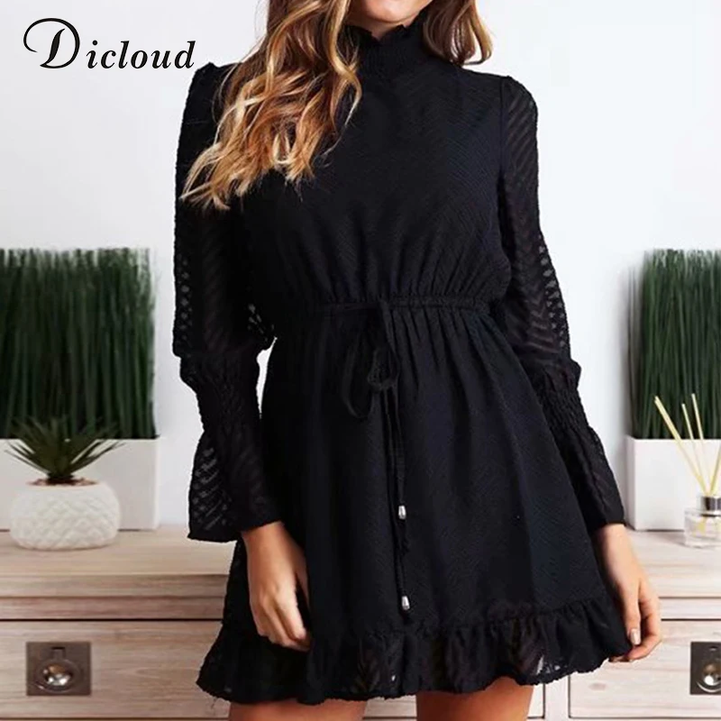 Günstig Dicloud Casual rollkragen schwarz EINE linie mini kleider frauen herbst 2019 elegante rüschen langarm partei vestidos vintage