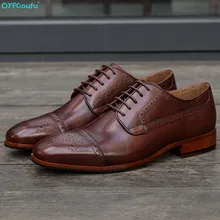 QYFCIOUFU Brand Derby Shoes Men Brown Wedding Office Formal Shoes Genuine Leather Handmade oxford Mans Footwear Dress Shoe цена QYFCIOUFU Brand Derby Shoes Men Brown Wedding Office Formal Shoes Genuine Leather Handmade oxford Mans Footwear Dress Shoe цены онлайн