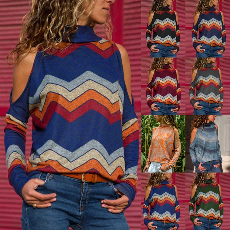 

Womens 2019 New Spring Autumn Long Sleeve Shirts Casual Knitwear Womens Tops Women Striped off Shoulder Tops