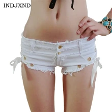 Пикантные женские Джинсовые шорты для ночного клуба женские сбоку Pantalones Пуговицы Ленты низкой талией кисточкой Джинсы для женщин короткий металлический Мотобрюки D044