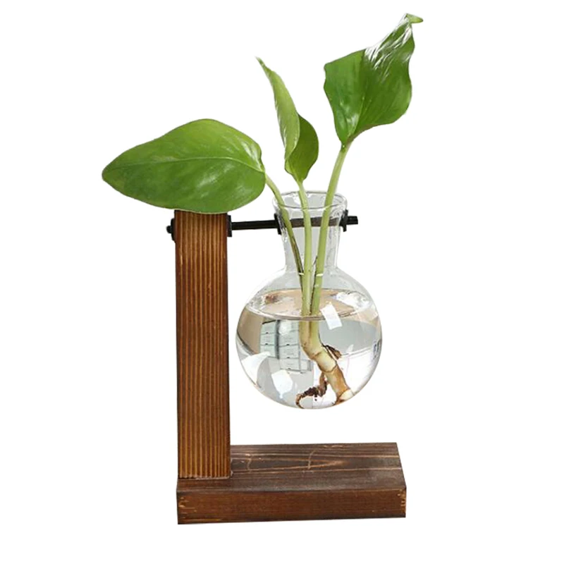 Terrarium Hydroponic Plant Vases Vintage Flower Pot Transparent Vase Wooden Frame Glass Tabletop Plants Home Bonsai Decor