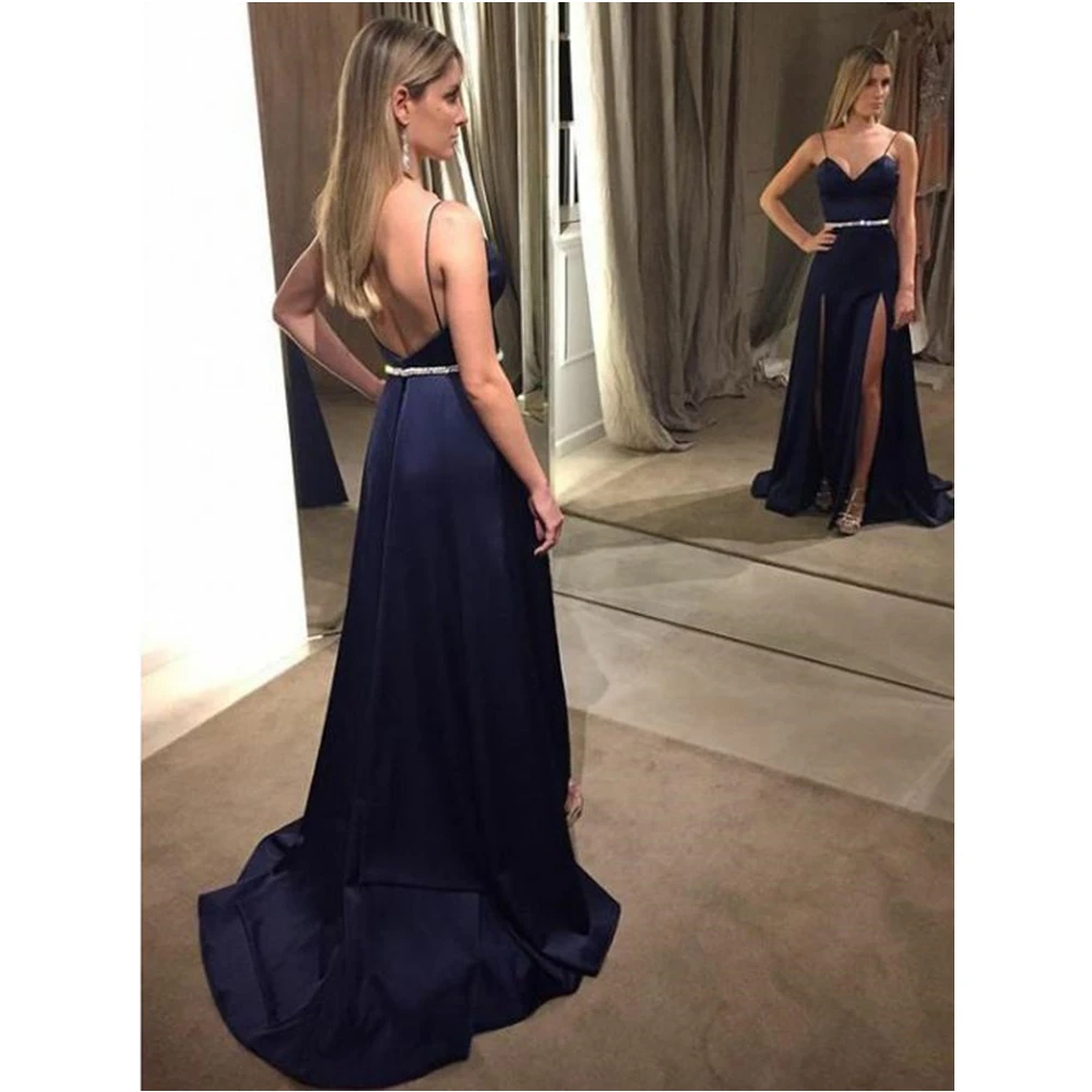 

Spaghetti Straps V Neck Long Prom Dress Backless Mermaid Front Slit Formal Evening Dress 2019 with Beading Sash